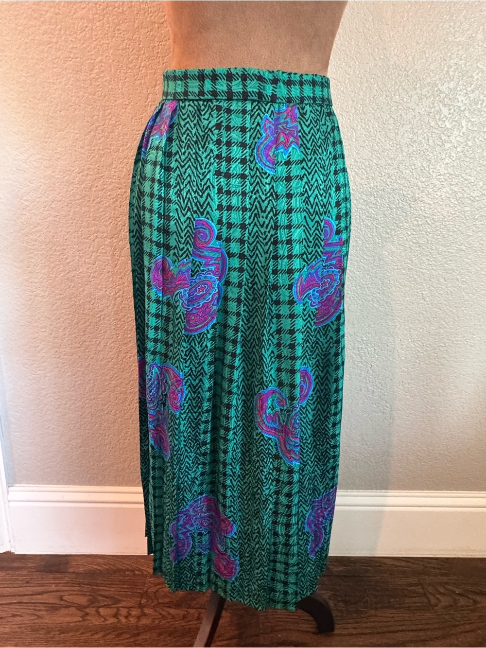Vintage 100% Silk Midi Skirt Green Teal Paisley Geometric Abstract Print Size 10 - Picture 5 of 11